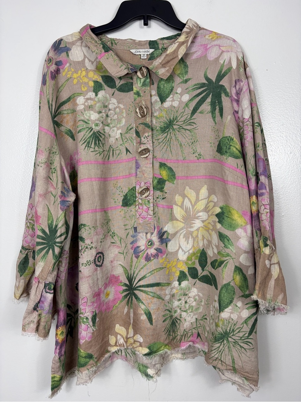 John Mark linen Floral Button Front Boho Tunic 3X
